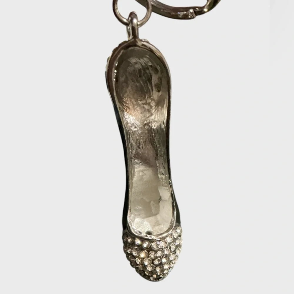 Black Rhinestone High Heel Stiletto Bag Charm Keychain Silver Tone